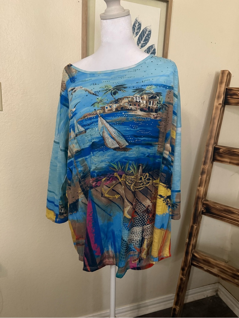 Onque Casuals Blue Multi-Color Scenic Boat Print Blouse